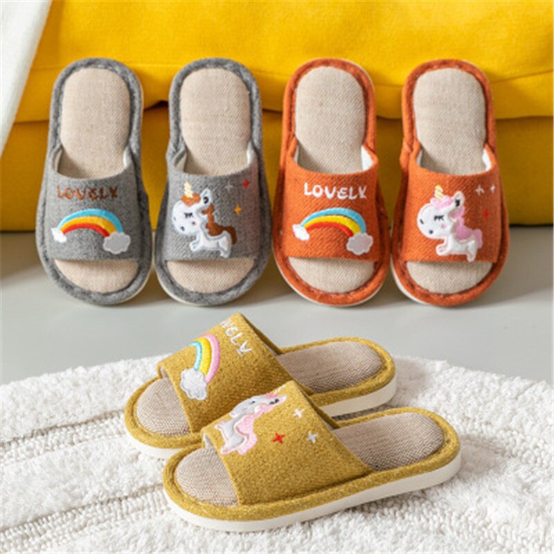 nouveaux enfants pantoufles garçon fille lin chambre tongs licorne chaussures coton pantoufles enfants hiver bébé dessin animé maison chaussures