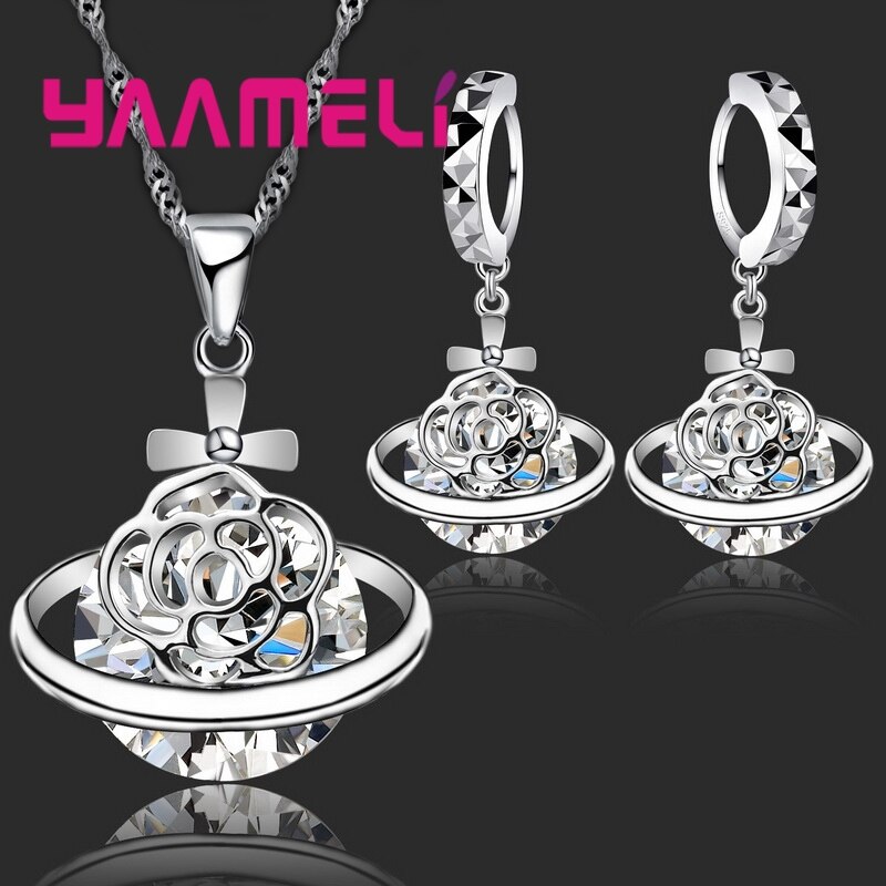 Nuovo Arrivo 925 Sterling Silver CZ Collana Di Cristallo Del Fiore Orecchini A Pendaglio Romantico Monili di Cerimonia Nuziale Set Bijoux Accessori