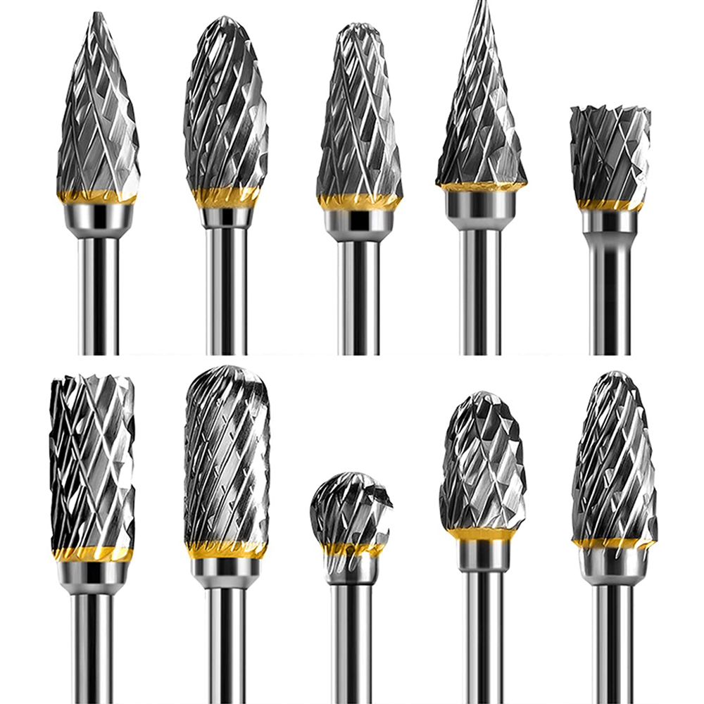 Carbide roterende braamset 10-delig 1/8" schacht 1/4" koplengte wolfraamstaal voor houtbewerking boren metaal snijwerk graveren