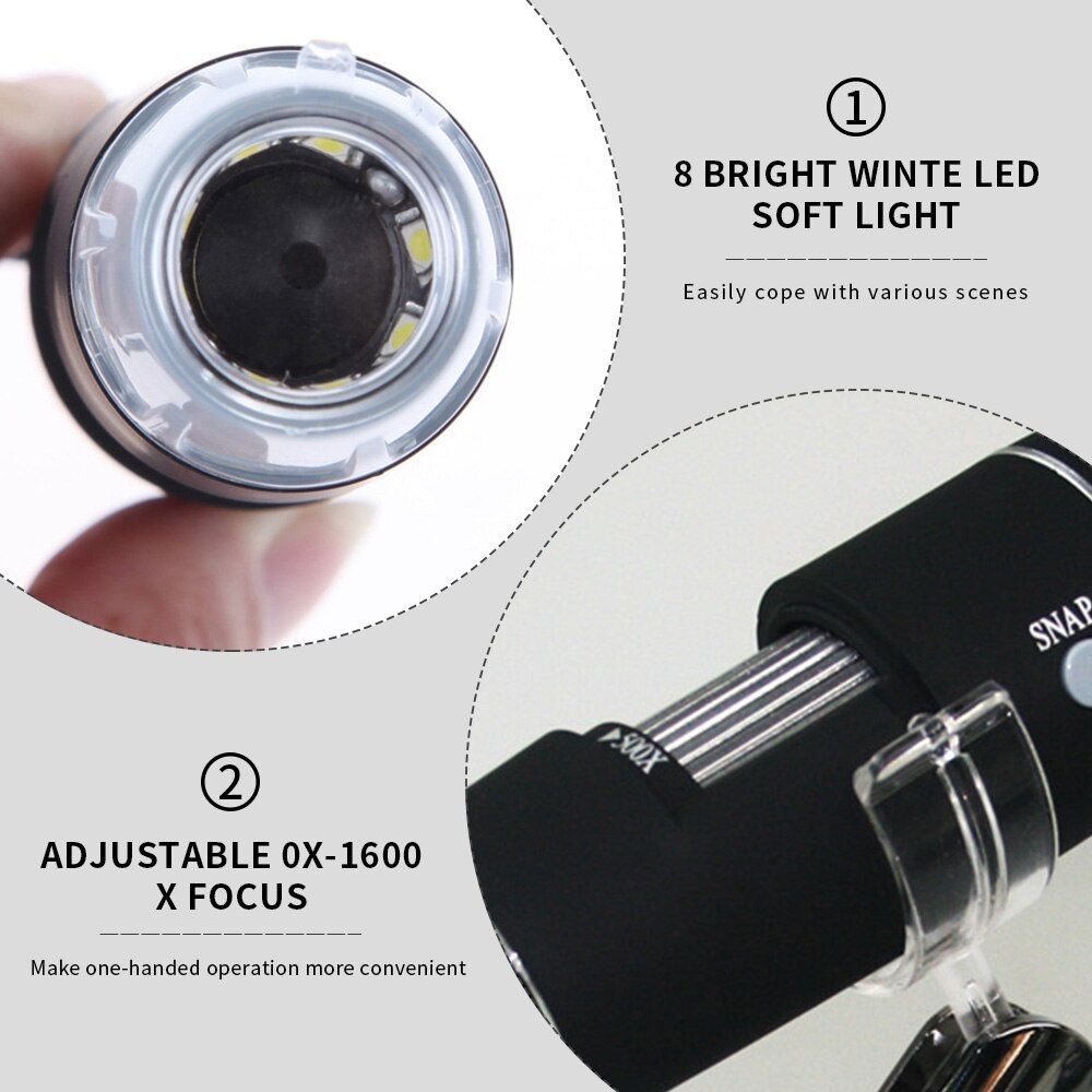 Adjustable 1600X Microscope Handheld Digital Microscope Endoscope USB Interface Electron Microscope with 8 LEDs with Bracket