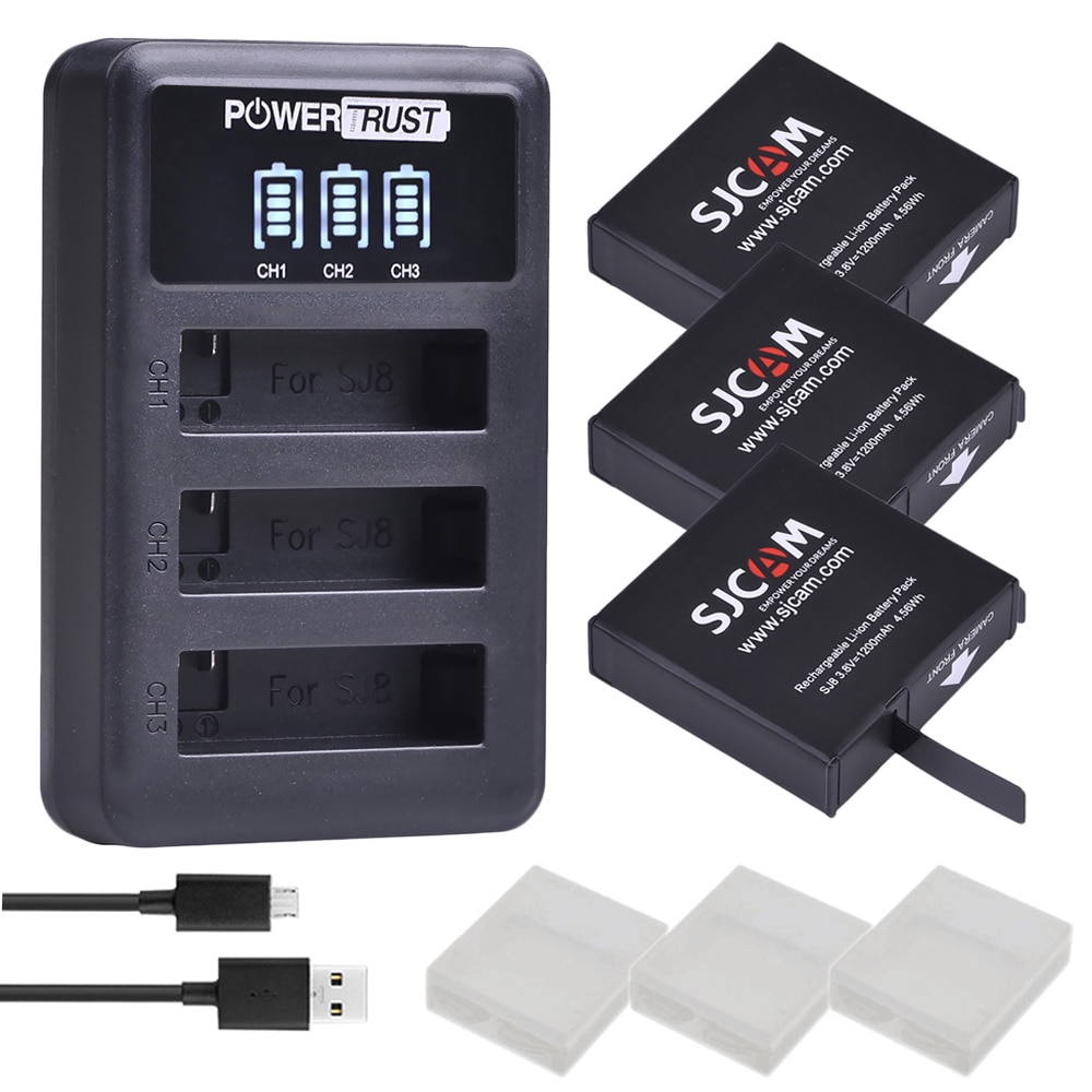 3X1200 Mah Originele SJ8 Oplaadbare Li-Ion Batterij + Led 3-Kanaals Usb Oplader Voor Sjcam SJ8 Serie sport Actie Camera