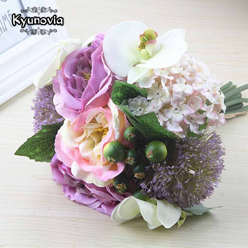 Kyunovia Chic Peony Bouquet Artificial Orchid Wedding Decoration Silk Flowers Natural Bridesmaid bouquet Bridal Bouquet D39