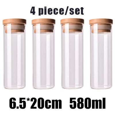 Kitchen Food Storage Transparent Glass Jars with Bamboo Cover Sealed Cans Bottles Spice Jars Candy Box Kitchen Storage Can: 4PCSY5