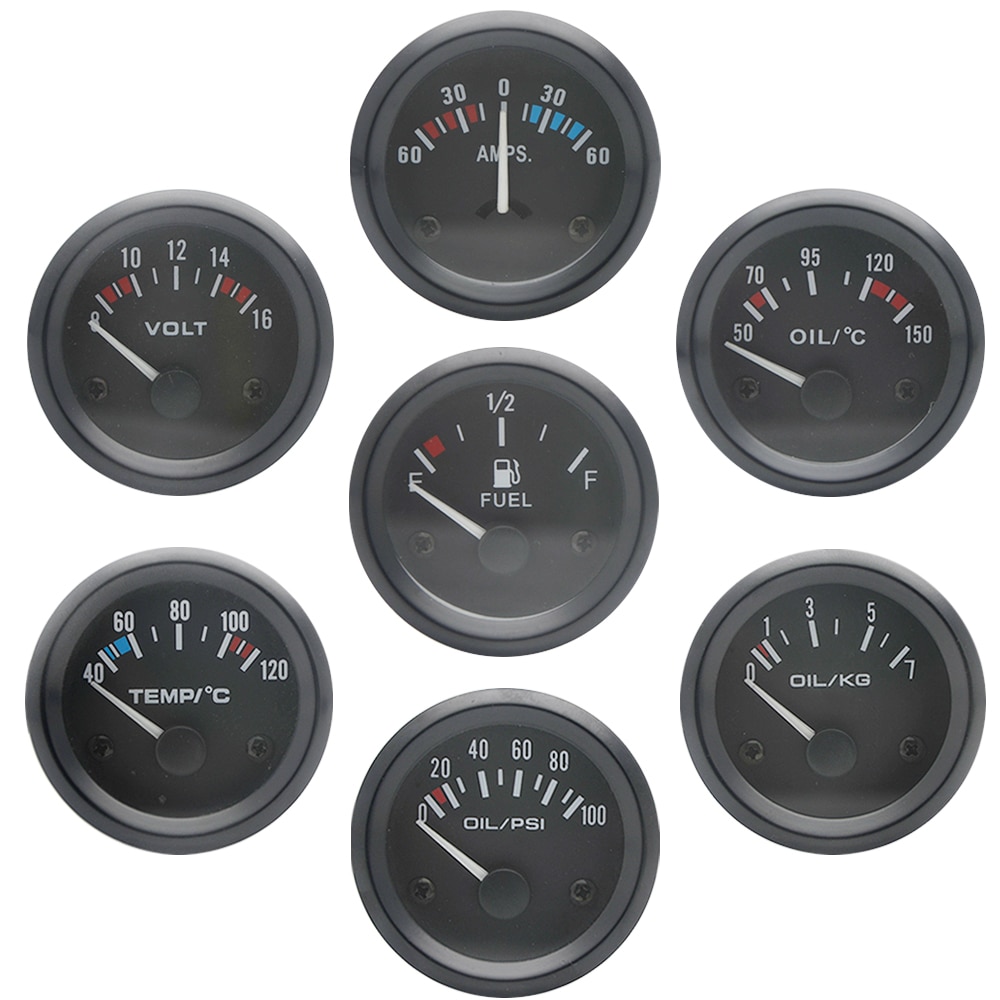 2 &quot; 52mm vattentemp/ oljetemp/oljepress psi/ oljepress kg/volt/amperemeter/bränslenivå (utan flottör) mätare bil