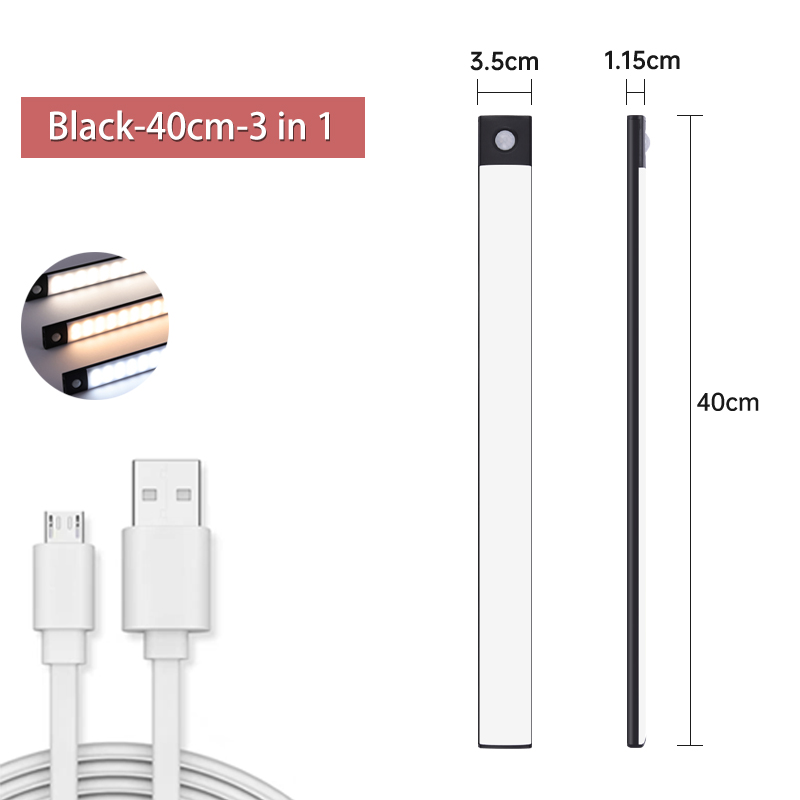 Lumière d'armoire Led avec capteur de mouvement, Rechargeable par USB, trois couleurs dans une lampe pour cuisine, garde-robe, éclairage intérieur 10/20/30/40/60cm: MULTI