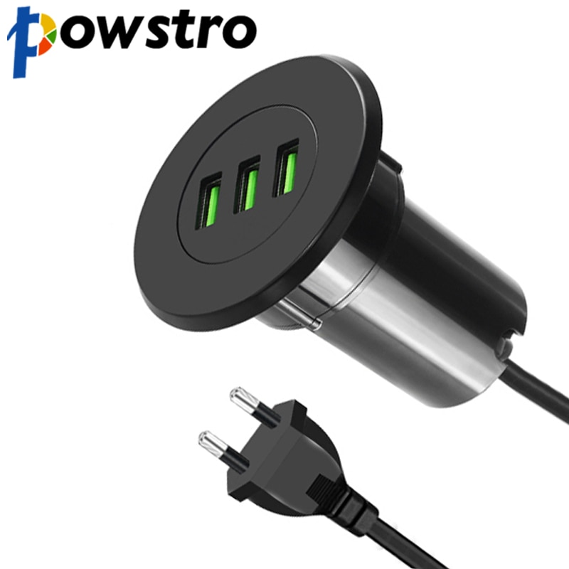 Powstro 3 Port Charger USB 5V 3.1A Desktop Hole Grommet Charger Smart Charging Station With EU Plug for Samsung for iPhone