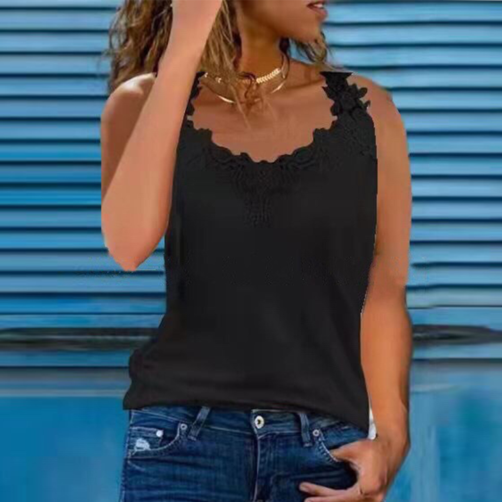 Camisetas sin mangas con cuello en V de encaje para mujer, camisola holgada informal sin mangas, camiseta de talla grande, ropa de verano: XXXL / Negro