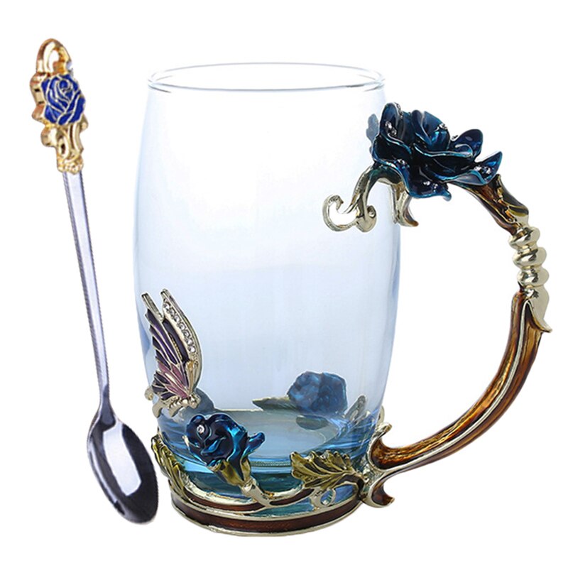 Zuinig Emaille Koffie Thee Cup Mok 3D Rose Vlinder Glas Cups Huwelijkscadeau ds99: Blue Long With spoon