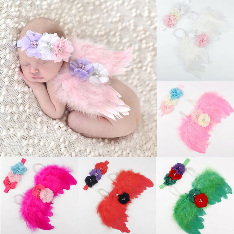 Neugeborene Baby Mädchen Jungen Kinder Flügel + Stirnband Blume Kostüm Foto Fotografie Prop Outfits 2PCS Sets