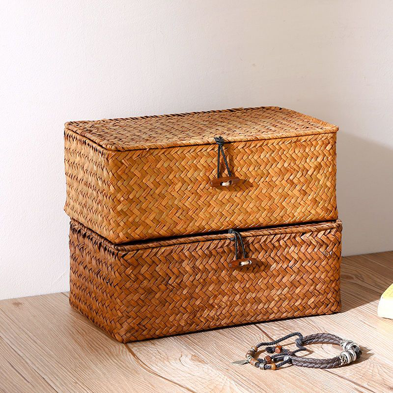 Straw Weaving Storage Box Retro Organizer Furniture Boxes Portable Container Lid Storage Box Multipurpose Accessories Boxes