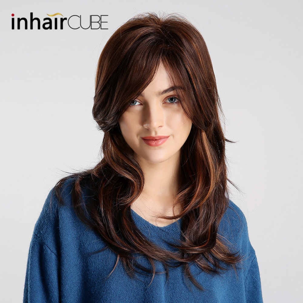 INHAIR CUBE Women Wigs 20 Inches Synthetic Blend Hair Natural Straight Short Wigs Gray Free Wig Cap With Bangs