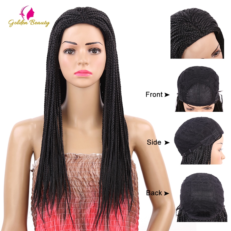 Golden Beauty 22inch Long Braided African Wig Box Braids Wig Natural Black Synthetic Braiding Hair Wig for Black Women