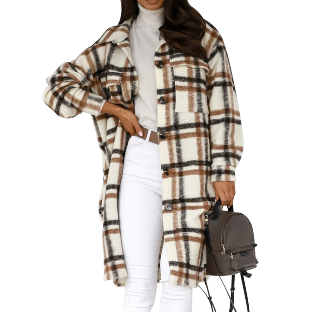 Kancool Gecontroleerd Vrouwen Jas Down Overjas Warme Plaid Lange Knop Revers Jas Oversized Dikke Wollen Blend Vrouwelijke Streetwear: Brown / S