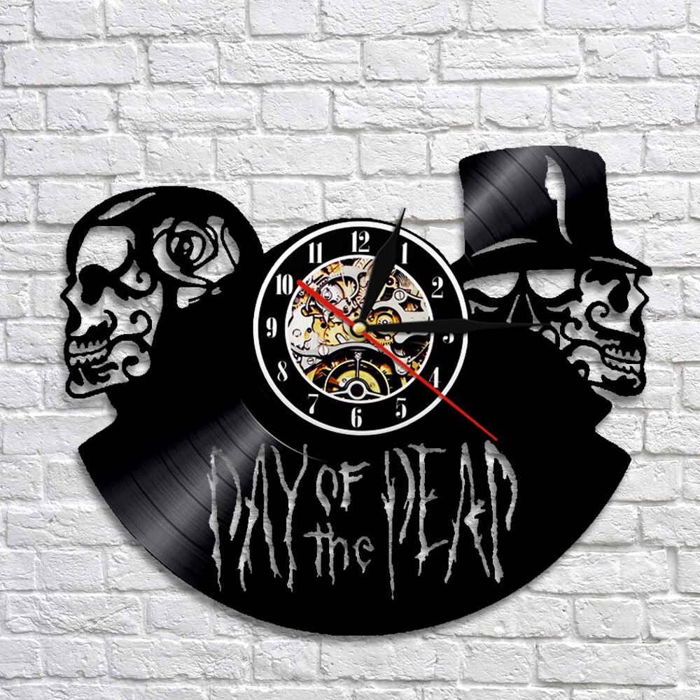 Dia De Muertos Day of the Dead Wall Clock Skulls Vinyl Record Wall Clock Halloween Death Skeletons 3D Hanging Watch Horror Decor