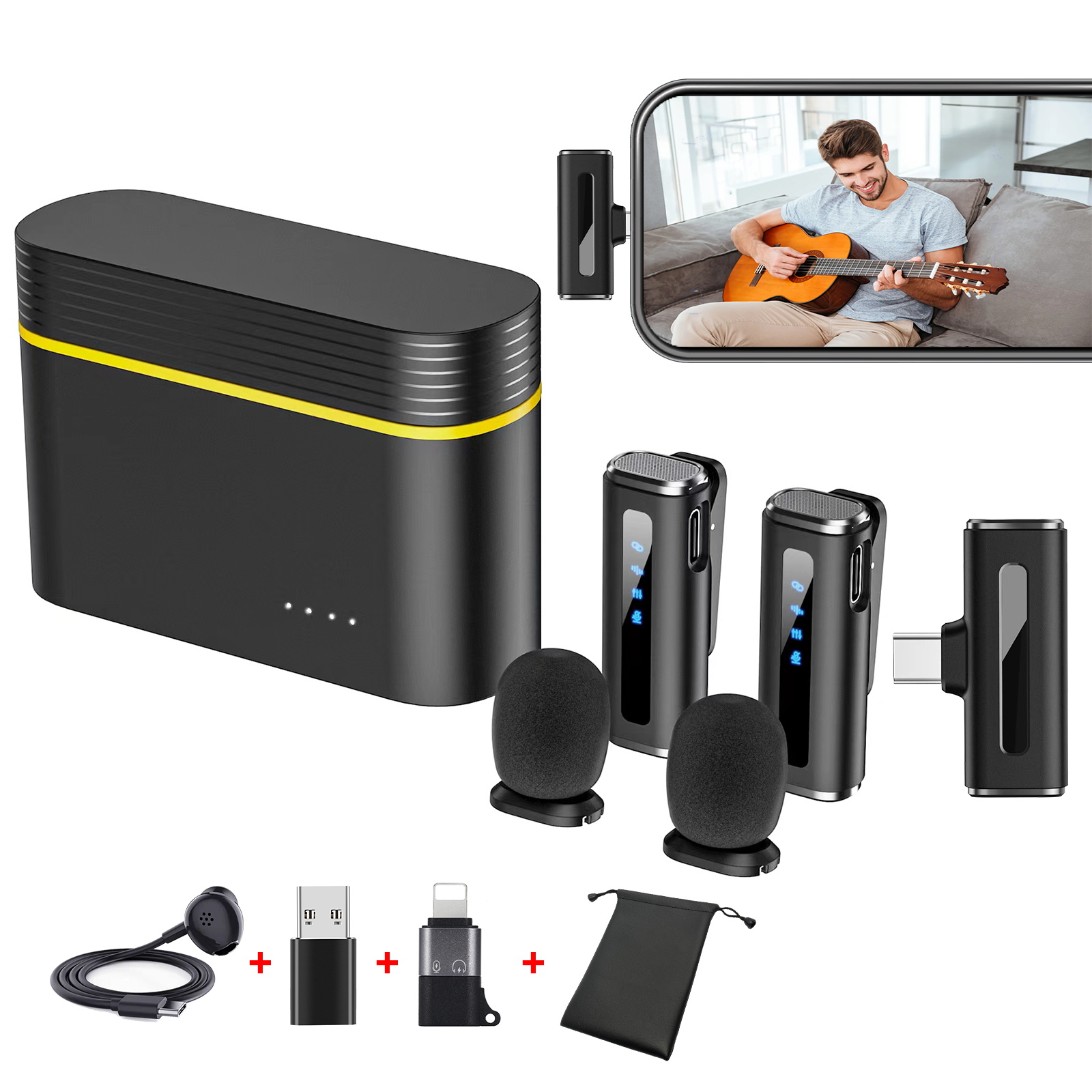 Lavalier Wireless Microphone for Phone Microphone with Charging Box Noise Reduction for Android IOS Recording Live