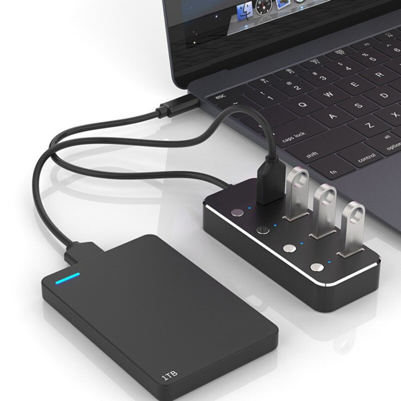 LED Indicators Home Aluminum Alloy 4-Port Power Supply Extender Portable Switches PC USB Hub Laptop Notebook High Speed Splitter