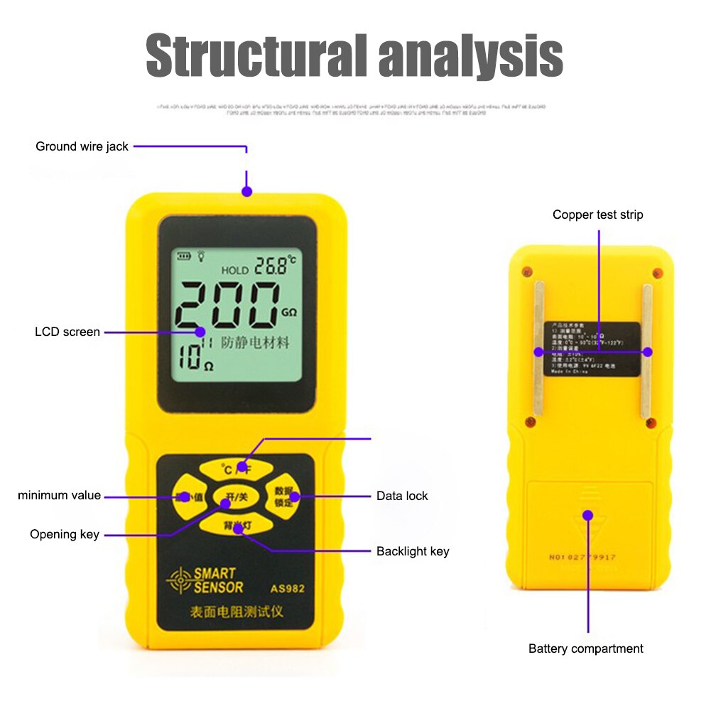 Handheld Surface Resistance Meter LCD Display Ground Resistance Test Tool AS982 JA55