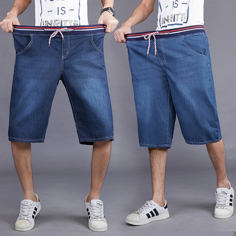 Summer Men's Bermuda Straight Denim Shorts Business Casual Elastic Waist Drawstring Jeans Shorts Plus Size 55 56 58