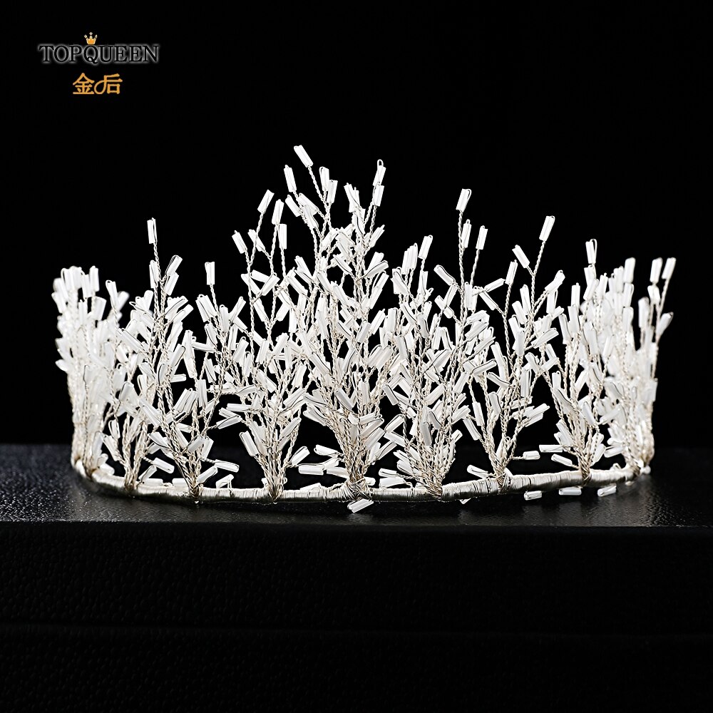 TOPQUEEN White Tube Beauty Queen Crown Tiara Cheap Bridal Crown Rhinestone Headbands for Women Hair Vines for Wedding HP193