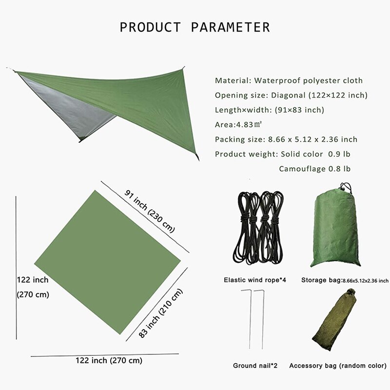 Lona de acampamento à prova d&#39;água, rede, mosca de chuva, esteira de piquenique à prova de umidade ao ar livre, barraca multifuncional, 91x83 embutida