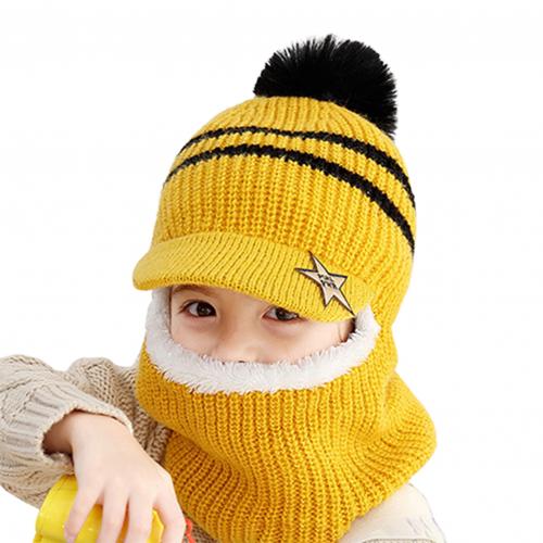 Unisex print børn vinter hatte plys vindtæt varme børn drenge piger pompon hat randen tørklæde hoved cap skullies beanies: Gul