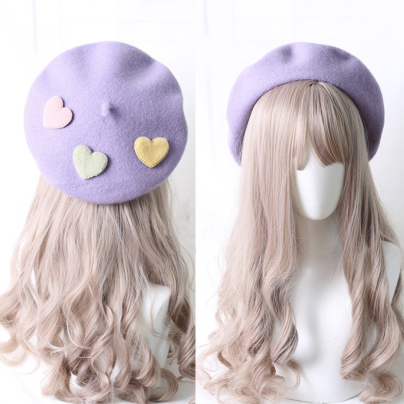 Boina bonita Kawaii Little love para niñas, gorros morados de Lolita dulce, boina de fieltro de lana hecha a mano para mujeres,: Beige