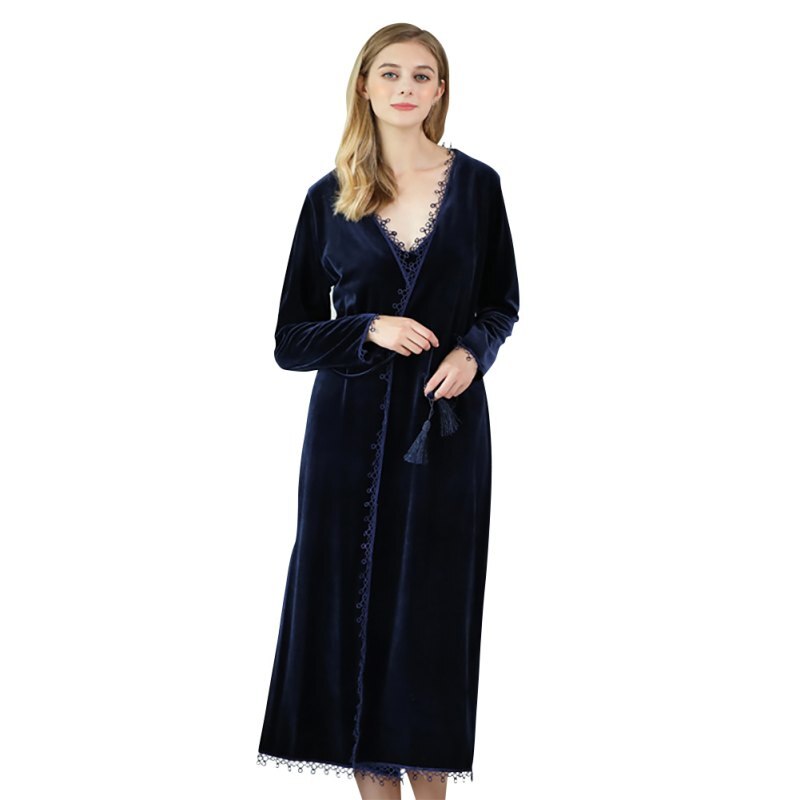 korean velvet Long Sleeve Nightgown And Sling Long Nightdress Autumn Underwear Solid Color Women's Sleep & Lounge: B Nightgown / L