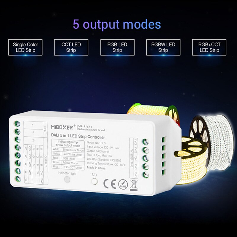 MiBOXER DC12V-24V DALI 5 IN 1 LED strip Controller DL5 15A dimmer for single color/CCT/RGB/RGBW/RGB+CCT led strip light