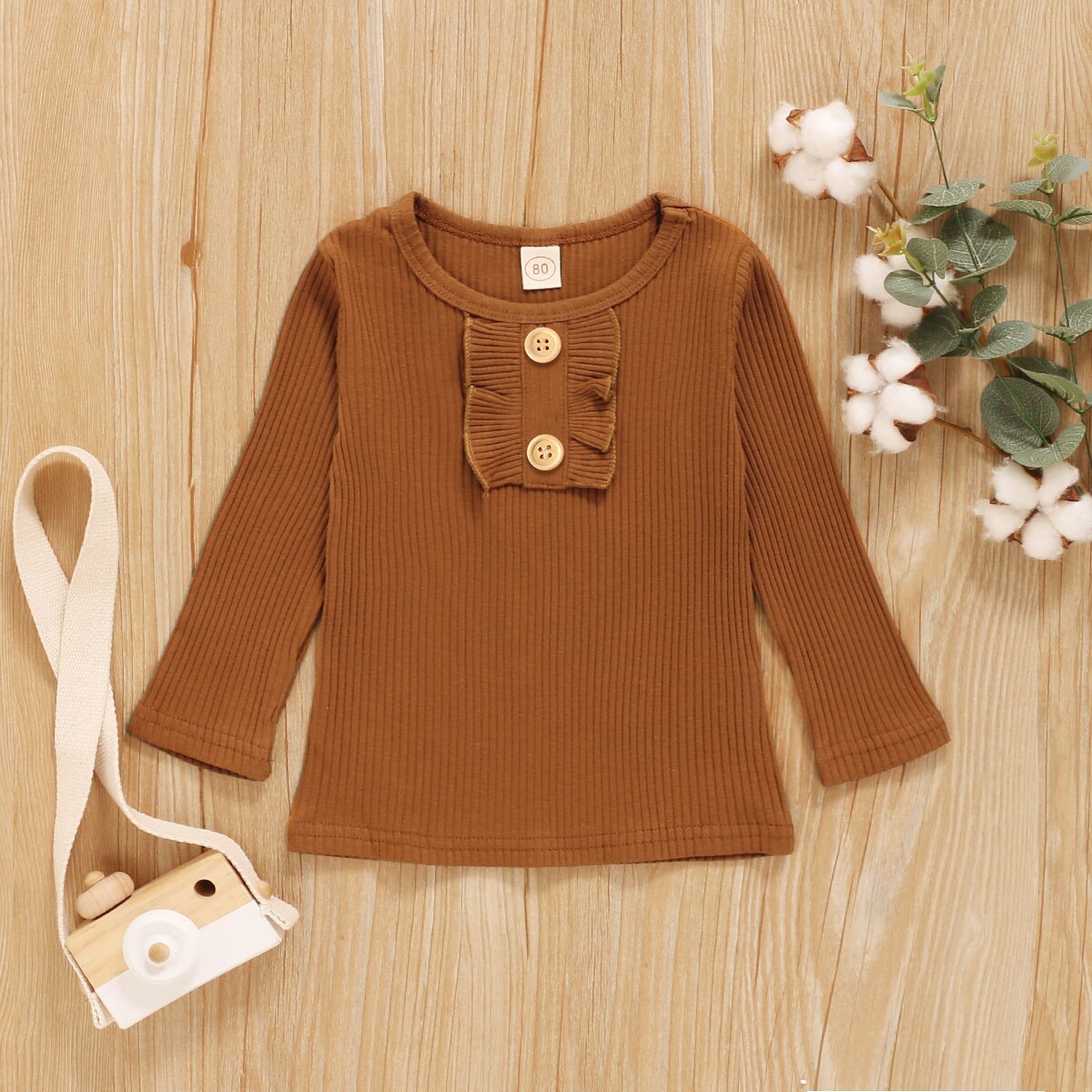 Herfst Winter Gestreepte Baby Meisjes Lange Mouw T-shirt Effen Kleur Ruche Decoratie Knop Klassieke Ronde Hals Lente Kleding