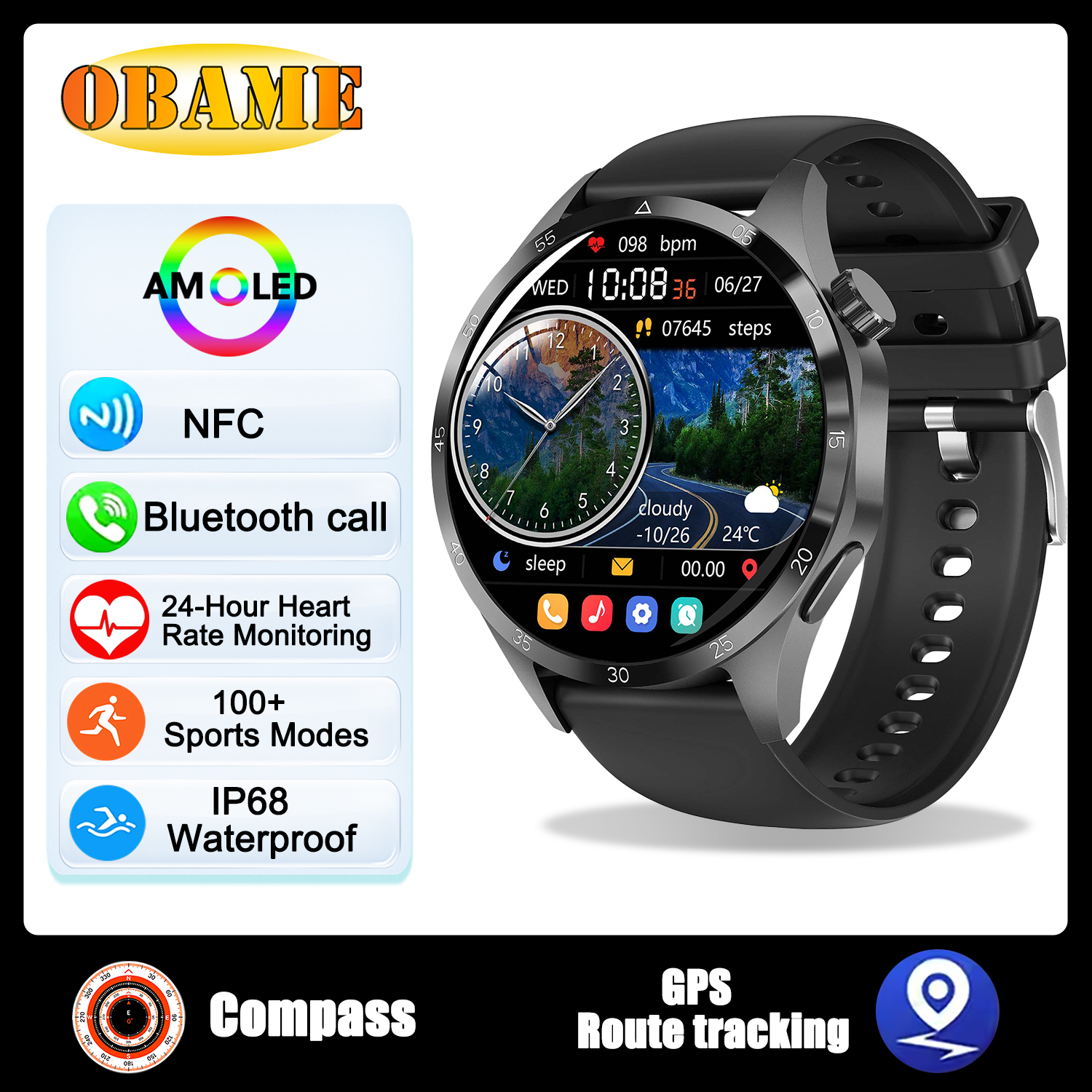 reloj inteligente clásico con GPS, pantalla AMOLED Ultra HD de 1,6 pulgadas, GPS incorporado, llamada BT, NFC, IP68, reloj inteligente resistente al agua para Android IOS: Blanco