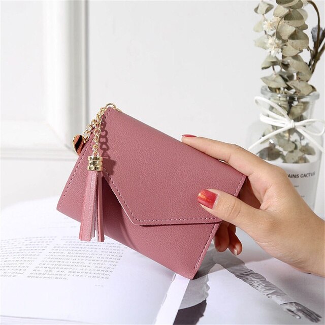 Spring and Summer Short Hand-held Trend Heart-shaped Pendant Simple Multi-functional Lychee Pattern Women&#39;s Wallet: Dark pink