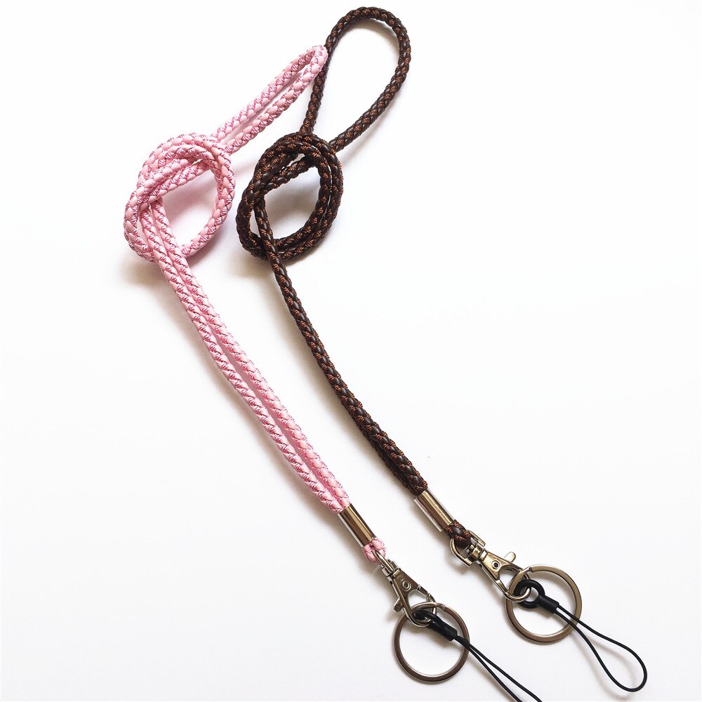 2 st pu flätad snodd nyckelring halsband och hand handled nyckelring för nycklar & kamera & mobiltelefon & id-märke: Kaffe rosa