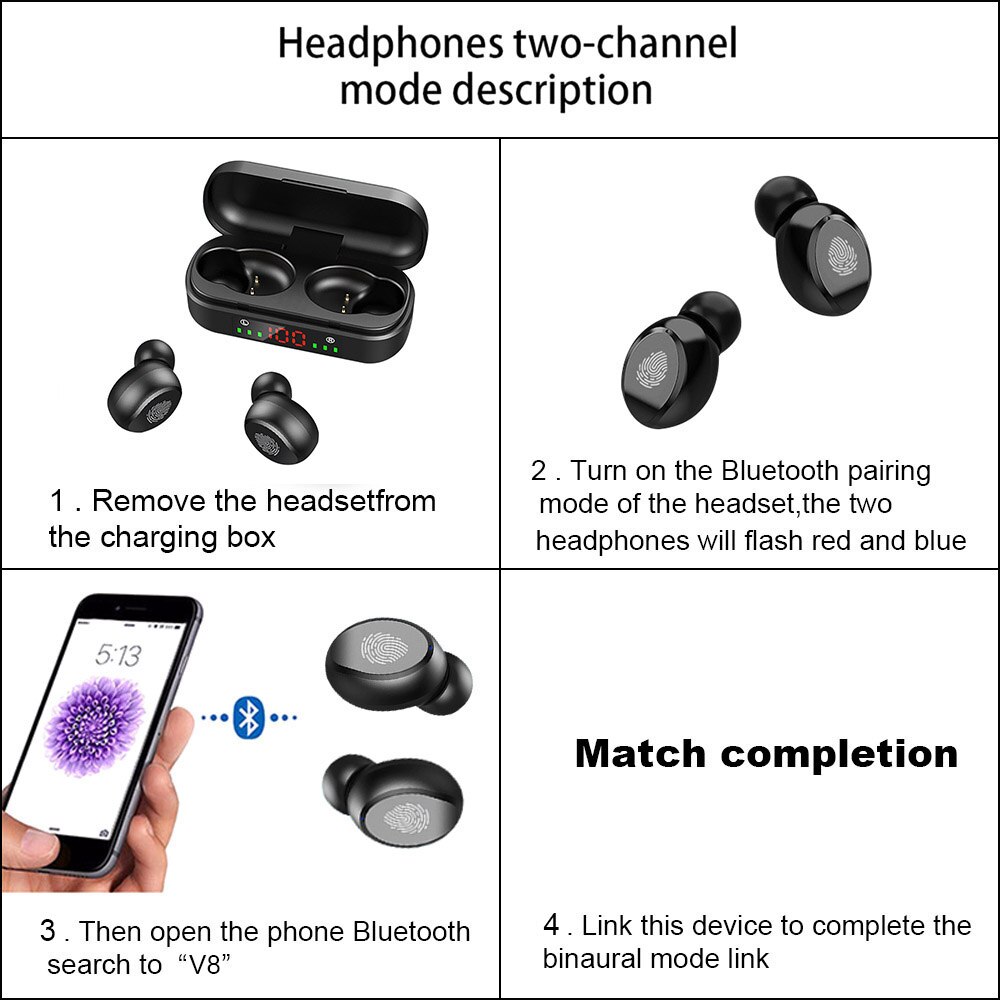 V8 Tws Draadloze Hoofdtelefoon Bluetooth Oortelefoon 5.0 9D Bass Stereo Waterdichte Oordopjes Bluetooth Headset Met Microfoon En Opladen Doos