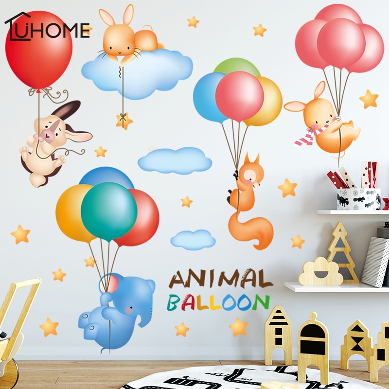 Kleurrijke Veel Lucht Ballon Olifant Konijn Dieren Muursticker Voor Kinderkamer Kind Baby Kleuterschool Grappige Home Decal