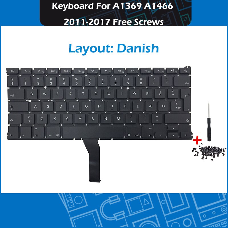 Laptop A1369 A1466 US UK Russian German French Spanish Portuguese Keyboard For Macbook Air 13&quot; Keyboards Free Screws: Danish