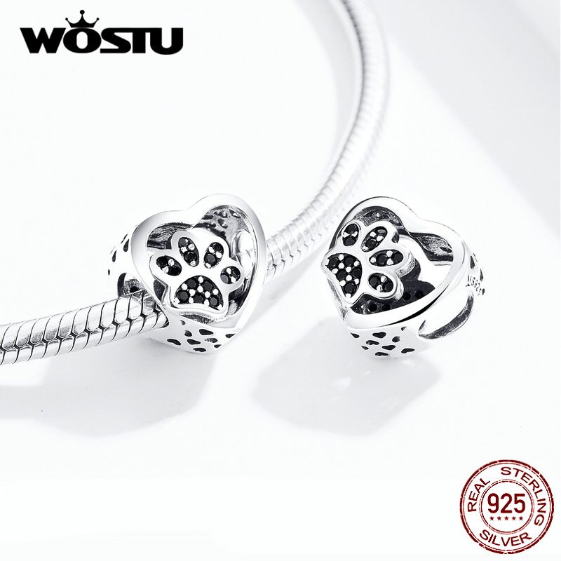 WOSTU 925 Sterling Silver Heart Dog Paw Beads Black Enamel Zircon Charm Fit Original Bracelet DIY Jewelry Making CQC1191-BK