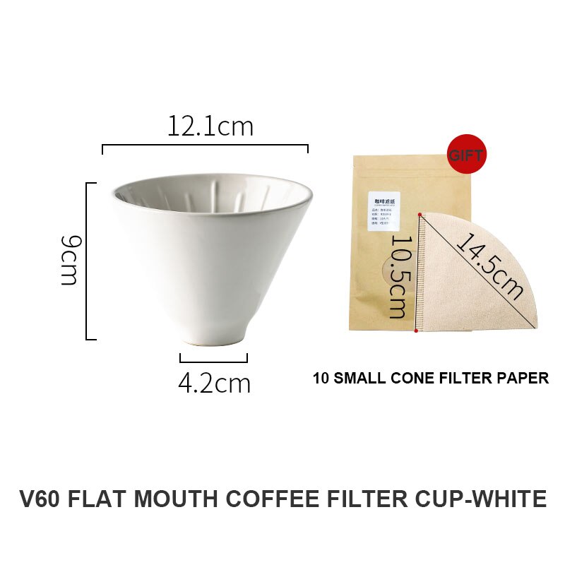 V60 espresso kaffefilter genanvendeligt keramik kaffedrypper tragt dryp kaffemaskine med holder kaffegrej kaffetilbehør: Fladt filter - hvidt
