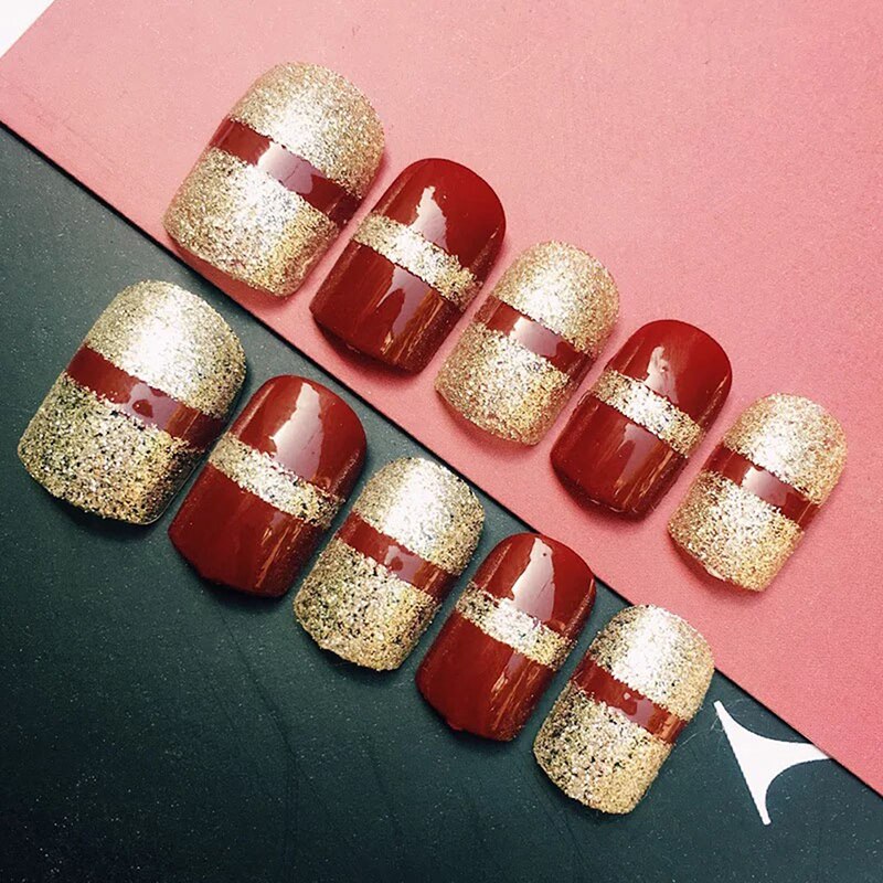 24pcs Short Wine Red Nail Art Short False Nails With Golden Glitter Champagne Wedding Nail Tip Full Nail Polish + 2g Glue