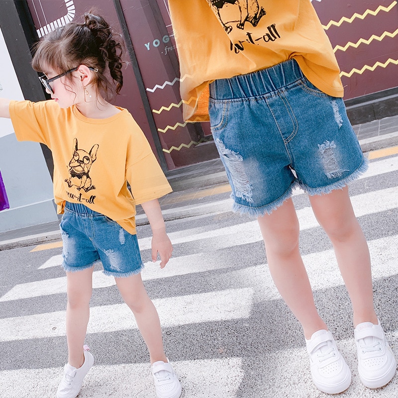 Summer 3-12 year old girl denim shorts sports hole Korean casual denim shorts for children girls