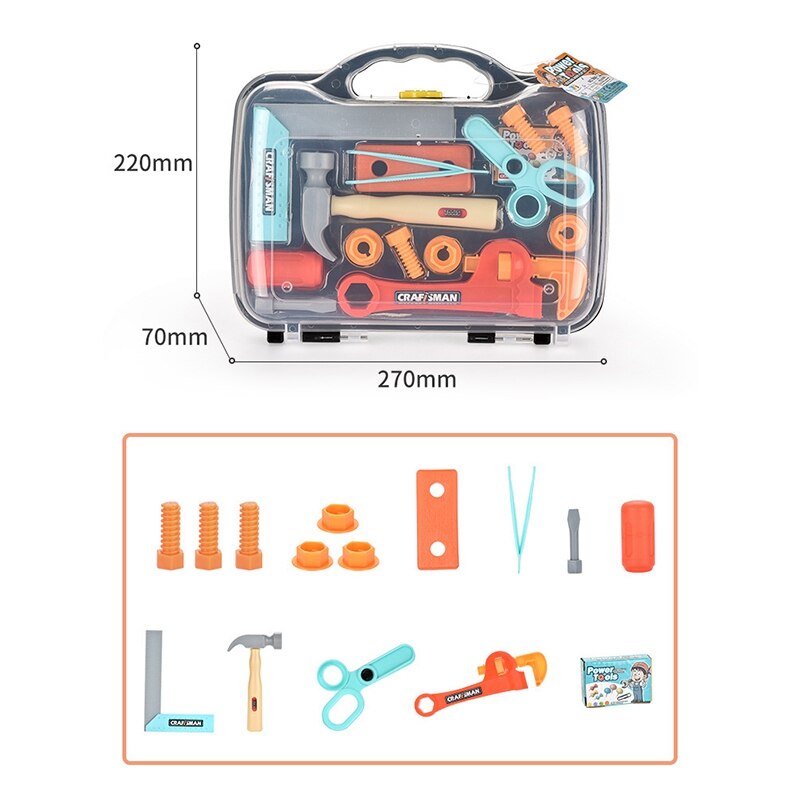 Børns legetøjssimuleringsværktøjskasse foregiver at lege legetøjsreparationsværktøjskasse til børn