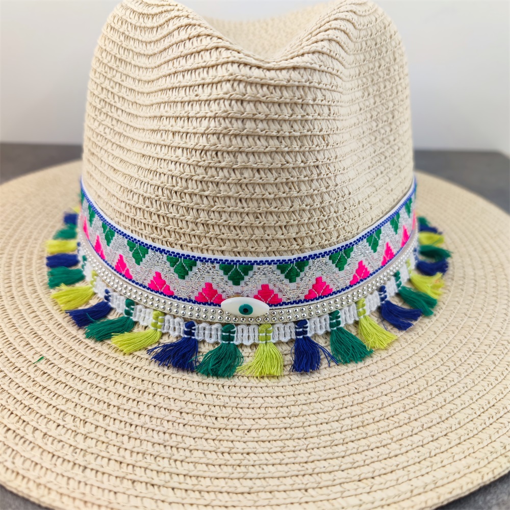 Boho stil solhat bred skygge floppy sommerhatte til kvinder strand panama stråkuppel blomsterhat femme skyggehat: 10