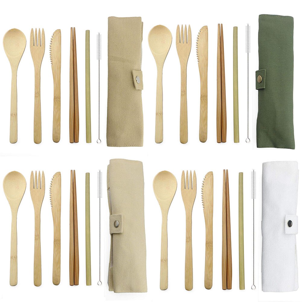 7-Piece Wooden Flatware Cutlery Set Bamboo Straw Set With Cloth Bag Knives Fork Spoon Chopsticks Travel: 2set / 4 mix color
