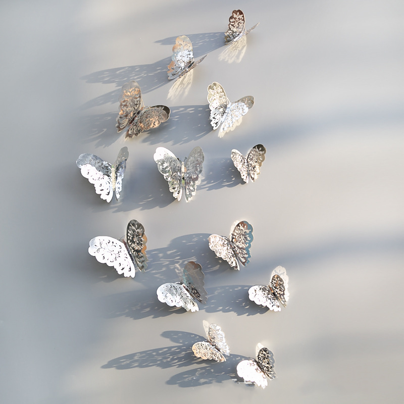 12 Pcs/Set 3D Wall Mirror Stickers Hollow Butterfly for Kids Rooms Home Wall Decor DIY Decals Fridge Stickers Room Decoration: Sliver A