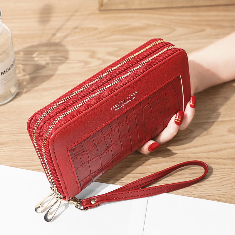 Ladies Wallet Long Zipper Korean Student Stone Pattern Purse Large Capacity Clutch Soft wallet Mobile Phone Bag Red Card