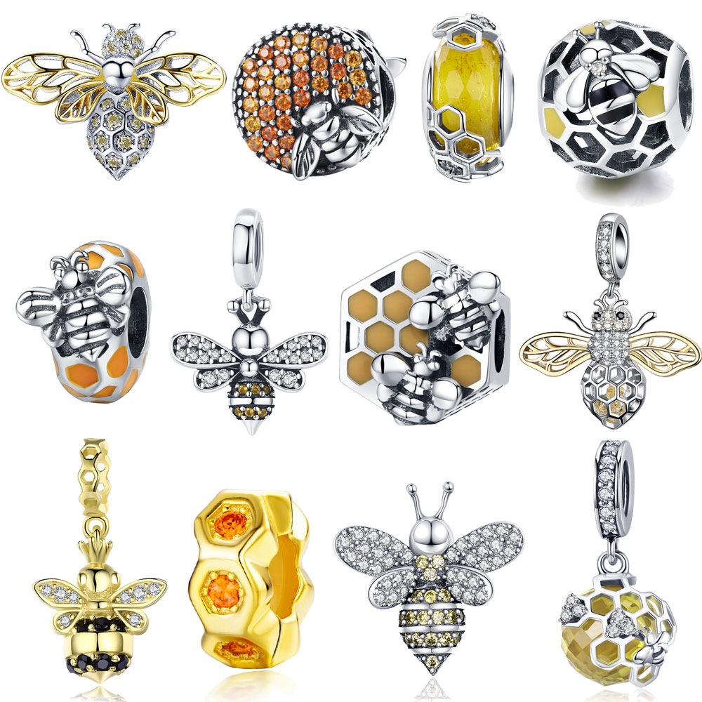 Abalorio de abeja de Plata de Ley 925, cristal de abeja, cuentas de insectos, apto para pulseras, joyería de plata auténtica Original, , ECC821