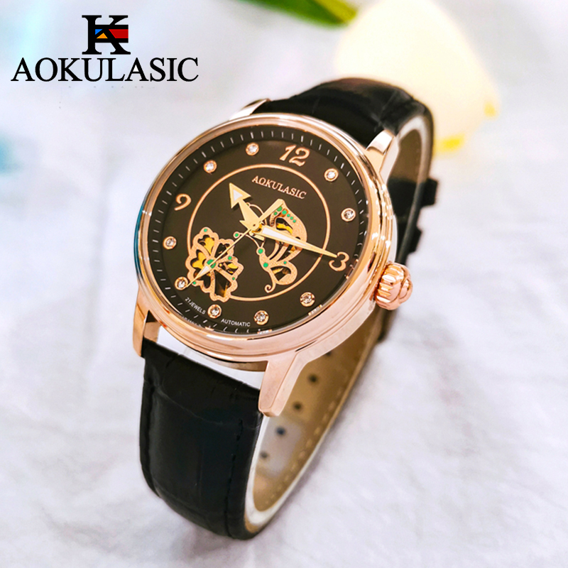AOKULASIC Elegante dames automatische mechanische horloges Skeleton-horloges Dames luxe horloge van Waterdichte klok: Coffee