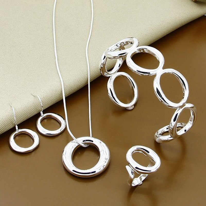 925 Zilveren Ronde O Vorm Ketting Armbanden Open Ringen Oorbellen Set Voor Vrouwen Mode-sieraden Sets: ARS0021b