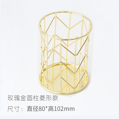 Ins skrivebord papirvarer indretning jern guld rose guld penneholder metal skrivebord organizer sød stempel pen holder kontor skrivebord tilbehør: Guldrunde
