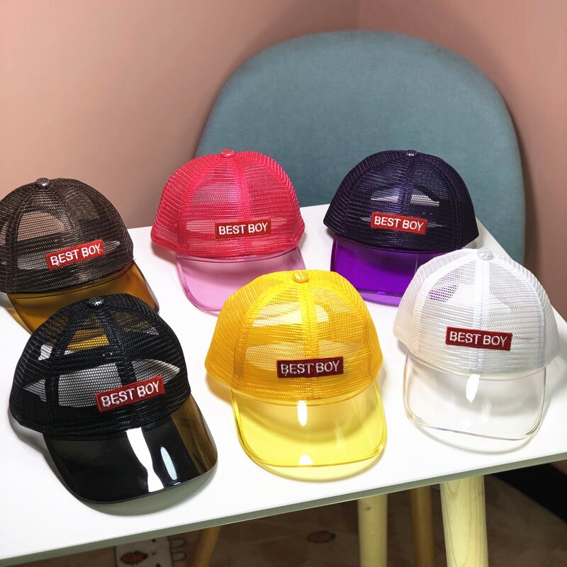 Gorras de béisbol con visera de plástico y malla para niños y niñas, gorras de béisbol con visera de plástico de PVC, Snapbacks de caramelo, Gorros