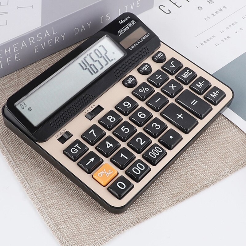 Desktop Calculator 14 Digit with Large LCD Display and Sensitive Button Solar and Battery Dual Power Standard Function